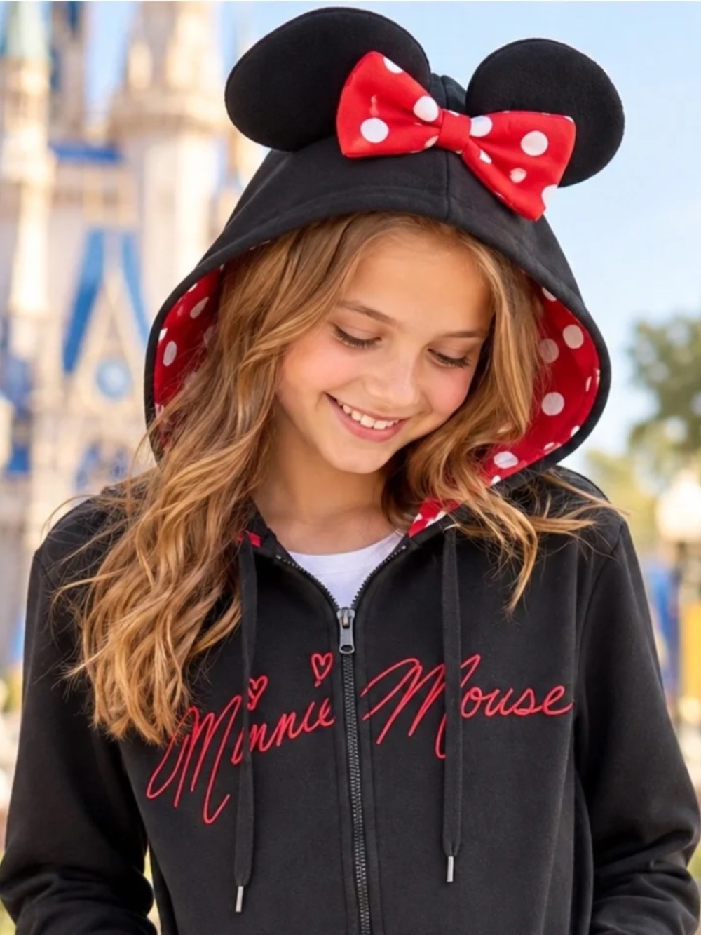 Disney Parks Authentic Original Minnie Mouse Full Zip Hoodie Fleece Pockets XL